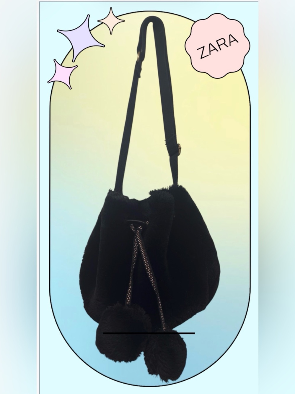 ZARA Black Plush Faux Fur Bucket Bag with Pom Pons.